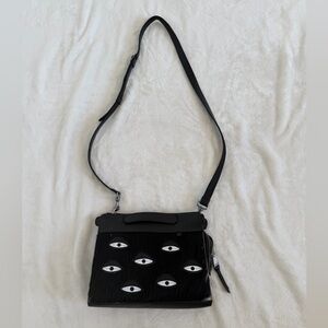 Min & Mon Vali Crossbody Small Black Leather Bag w/ black fur. “All Over Eyes”